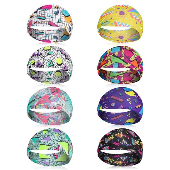 8 Pack 80s Print Neon Headbands for Women, 90s Retro Accessories Sport Hairbands - Picture 1 of 7
